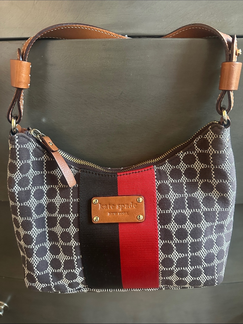 kate spade Brown Canvas Shoulder Bag with Red & Black Center Stripe